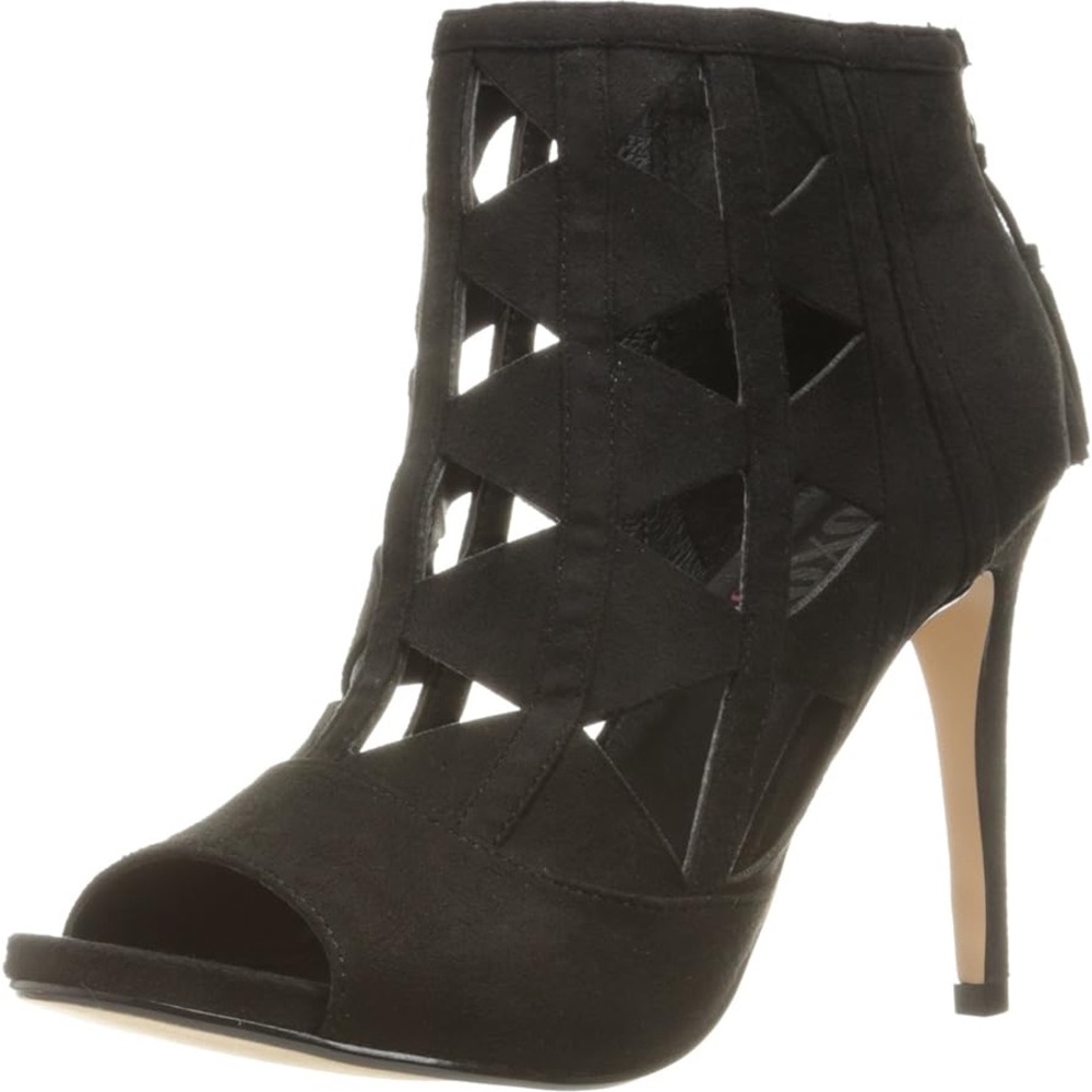 XOXO Black Suede Catalina Laser Cut Peep Toe Stiletto Heels size 6